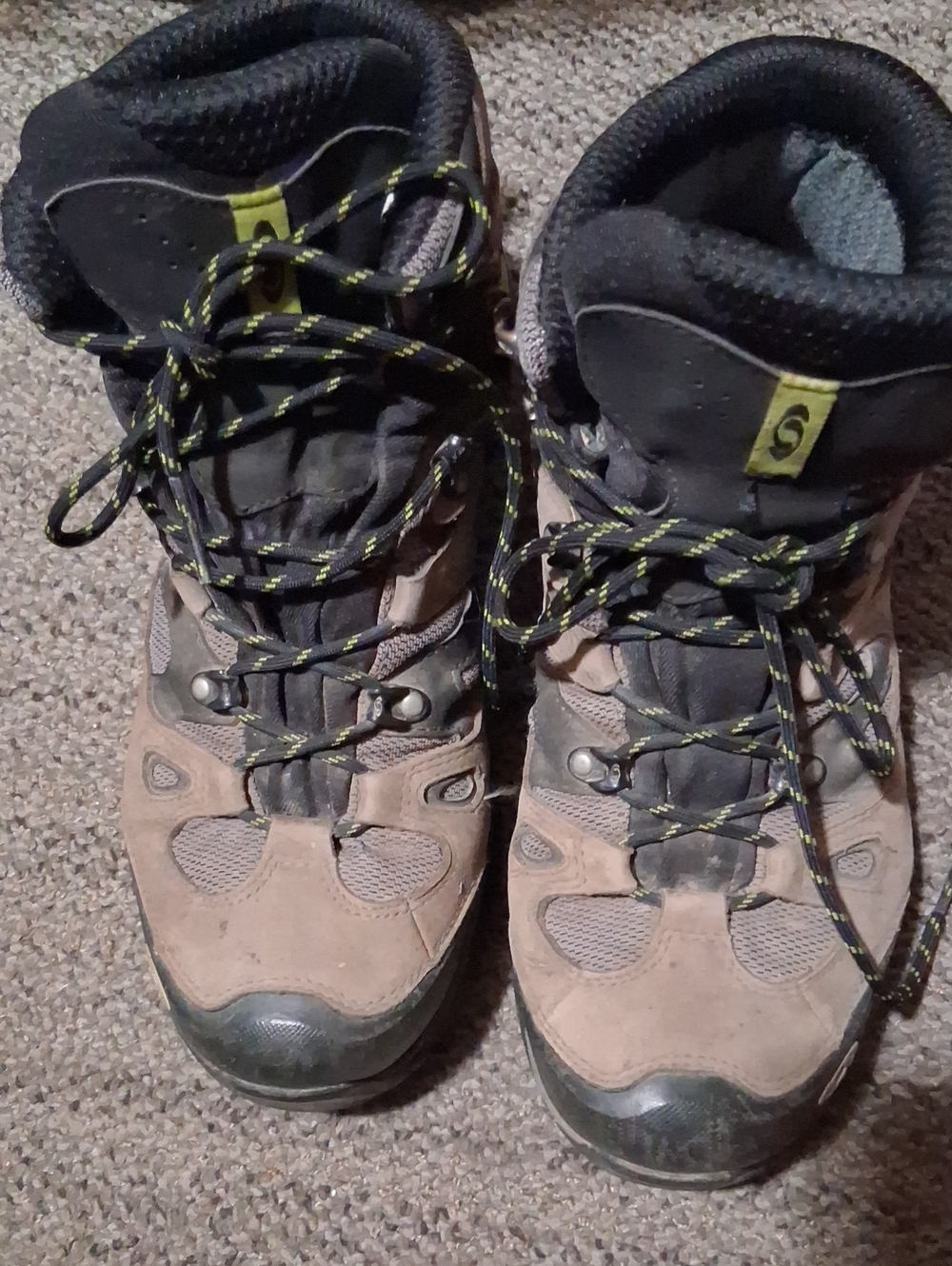 Saloman Brown and Black Hiking Boots with Yellow Accents